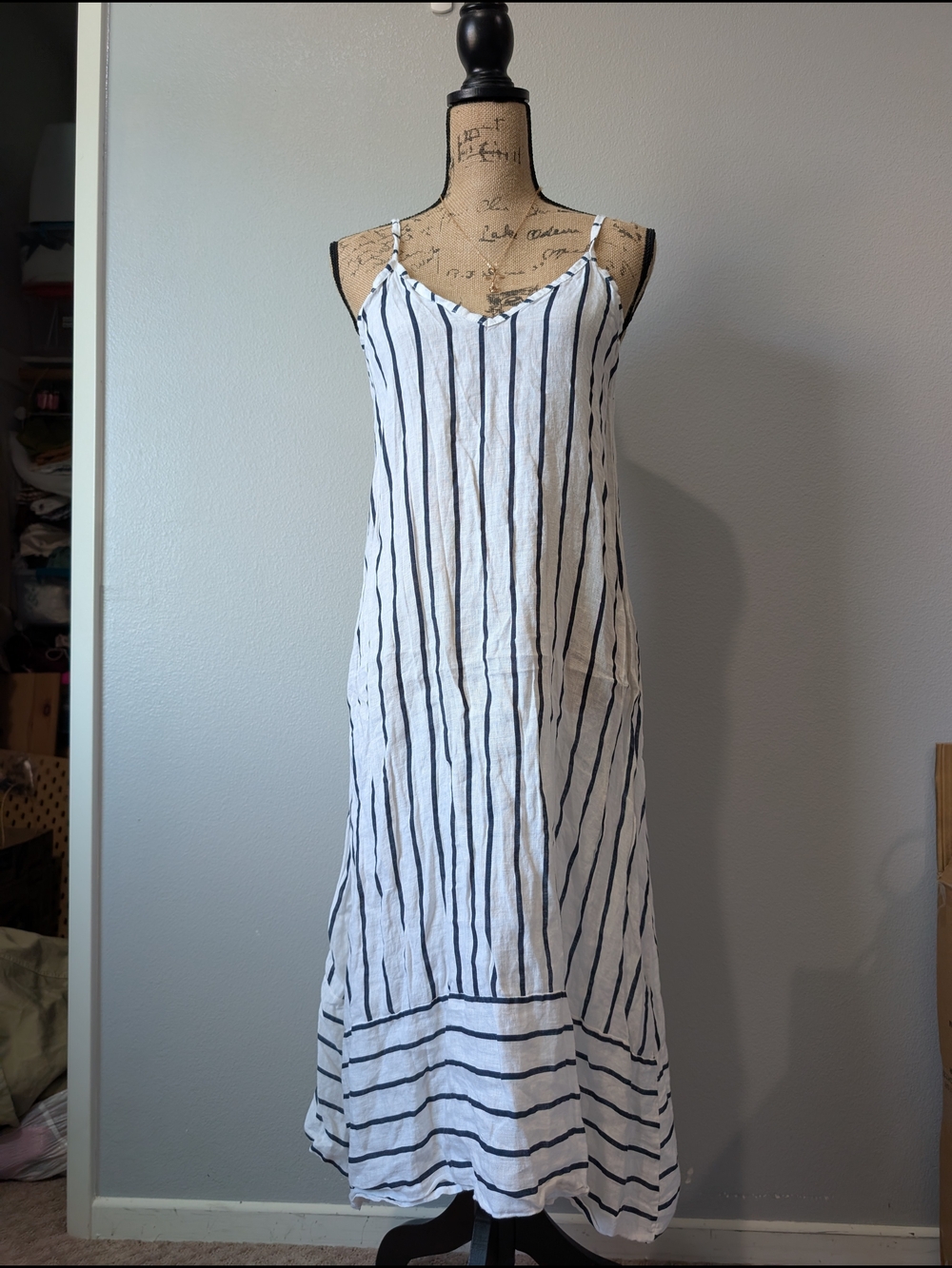 Lightweight White and Navy Striped Maxi Slip Linen Dress